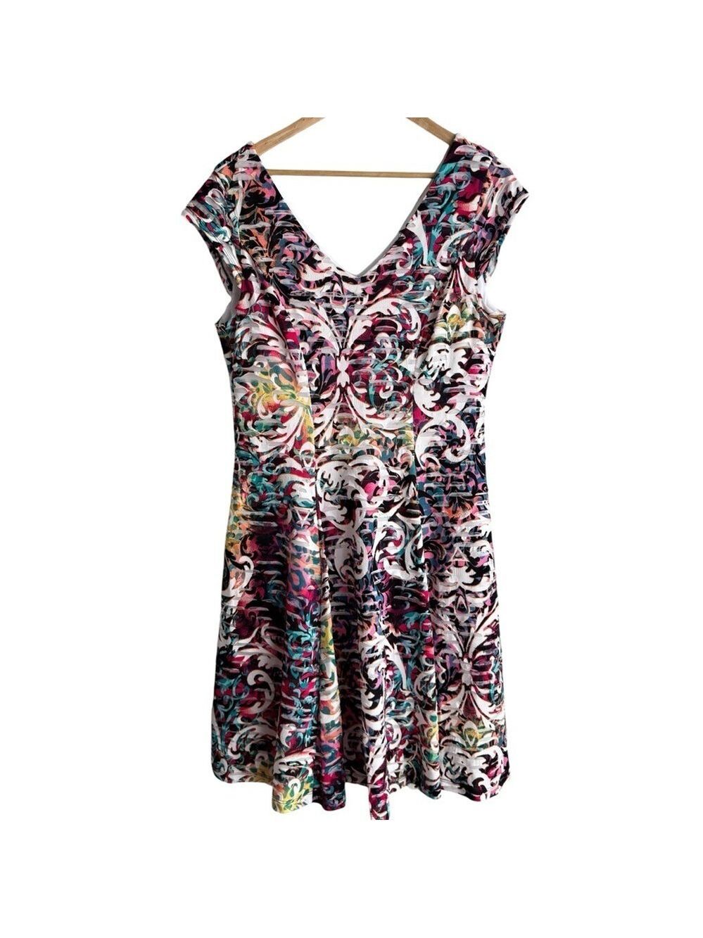 Laura Colourful A-Line Dress Sz L White Rainbow Cap Sleeve V-Neck Fit and Flare